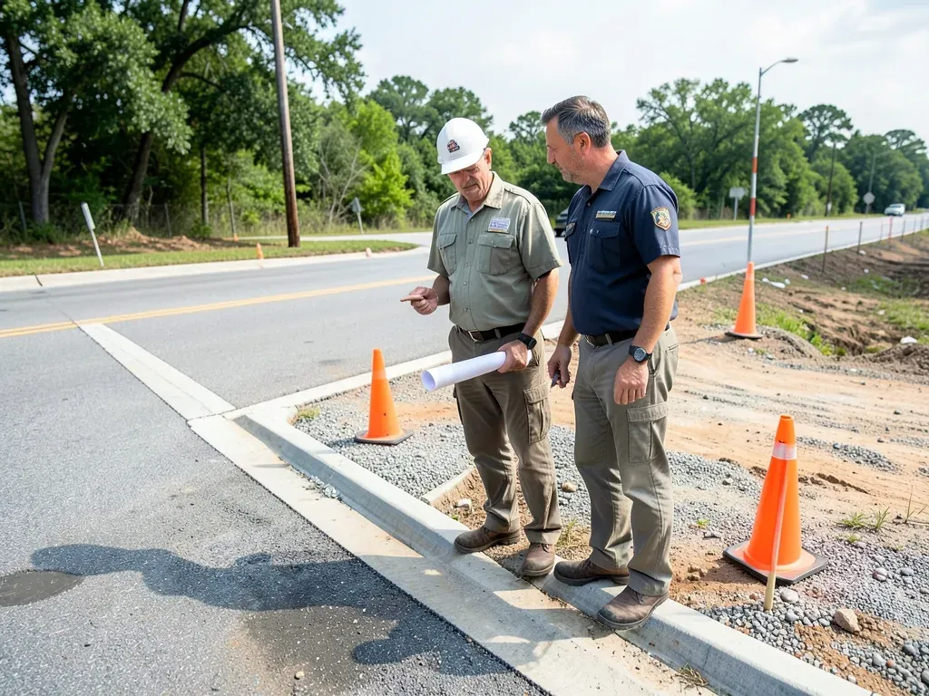 Civil engineer and superintendent reviewing driveway alignment and street connections at a Houston commercial property