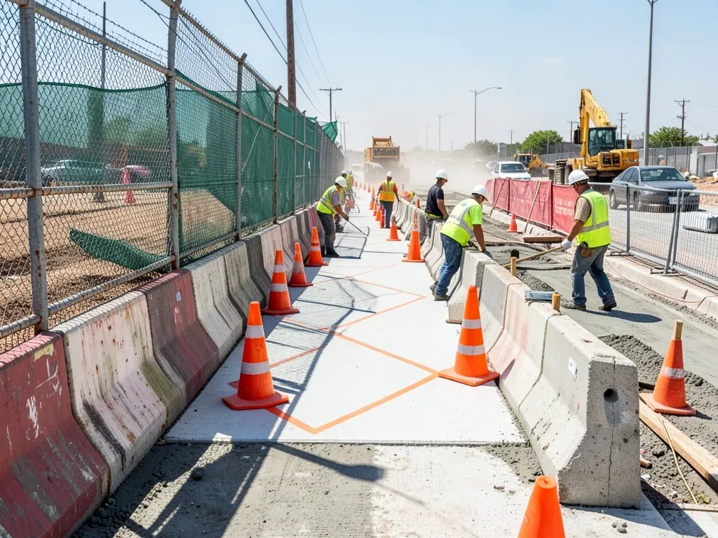 Protected pedestrian path and temporary traffic-control setup beside an active Houston commercial construction site