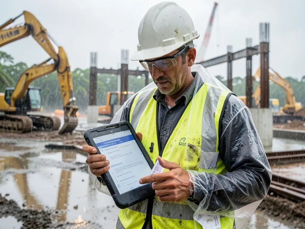 Superintendent reviewing tropical-weather information and shutdown priorities at an active Greater Houston construction site