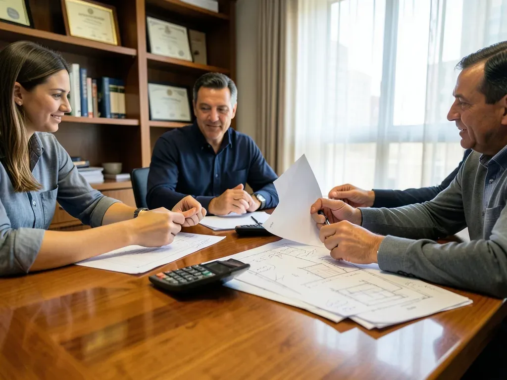 Developer, lender, and contractor reviewing a financing model beside current project drawings in a Houston office