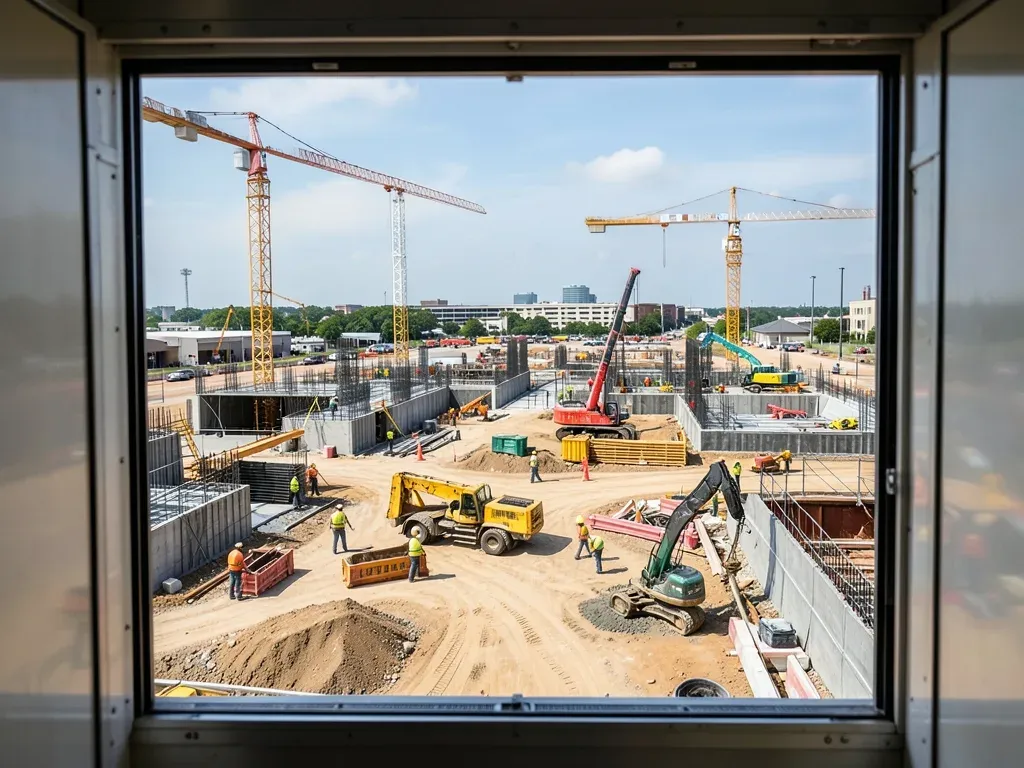 Active Greater Houston commercial construction site with multiple trades working, viewed from a nearby project-management trailer