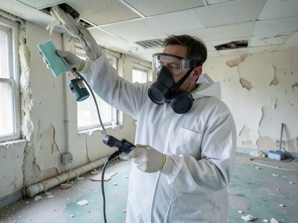Environmental consultant inspecting suspect ceiling, flooring, and pipe materials in a vacant older Houston commercial interior