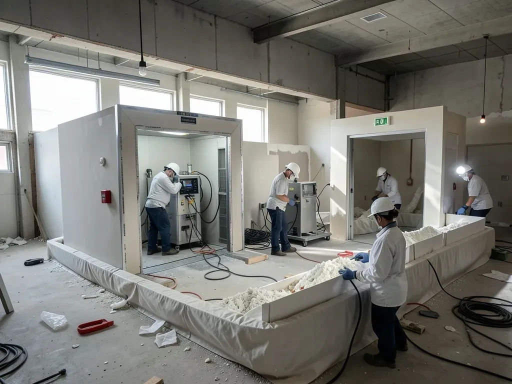 Asbestos abatement containment with a clean airlock and HEPA filtration equipment set up inside an unoccupied commercial renovation area