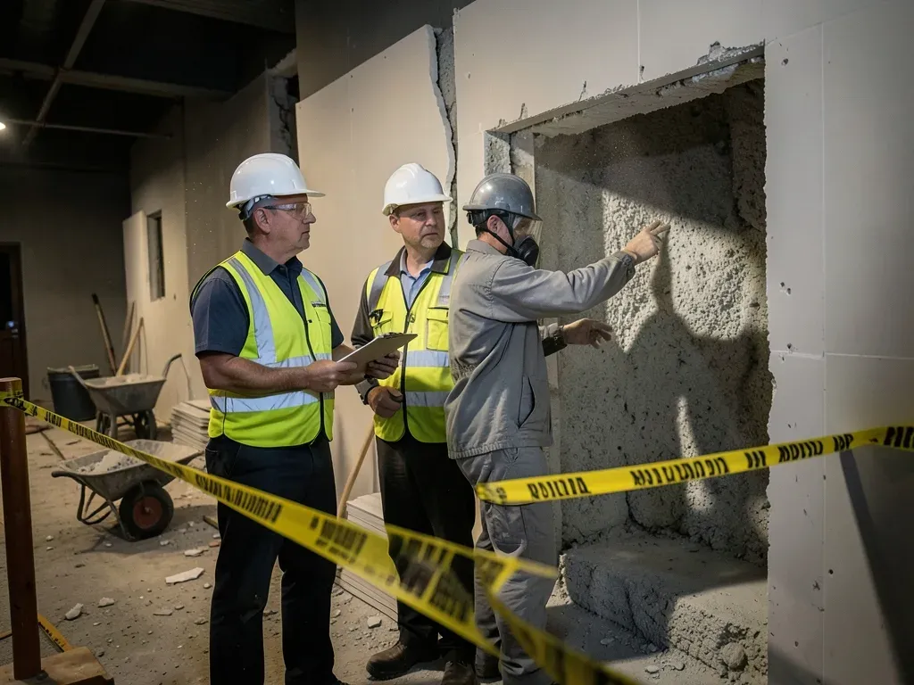 Superintendent and environmental consultant reviewing newly uncovered concealed material from outside a temporarily controlled renovation work area