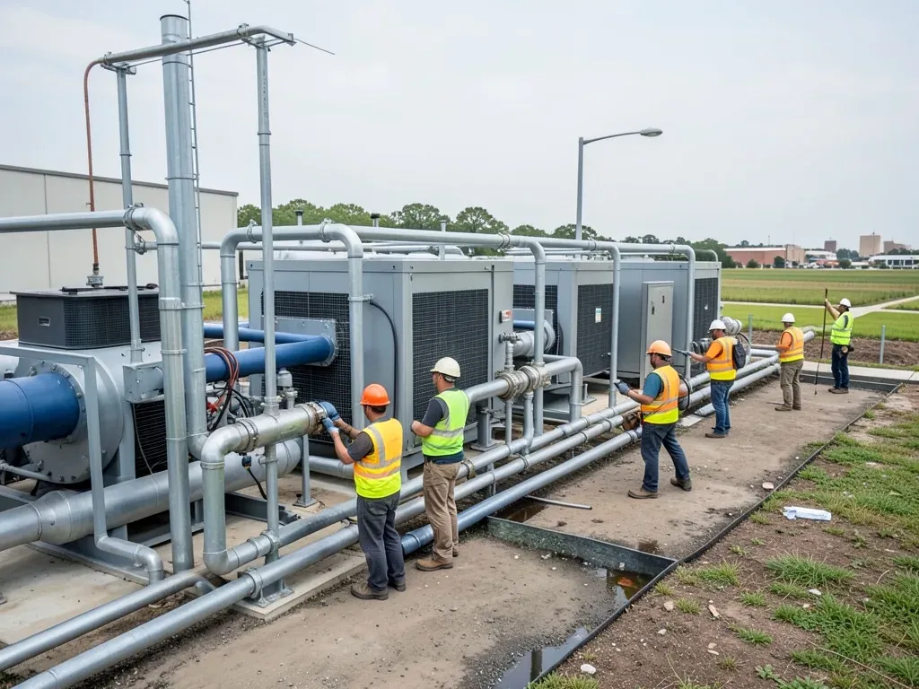 Project team inspecting cooling and water infrastructure beside a modern data center mechanical yard in Greater Houston