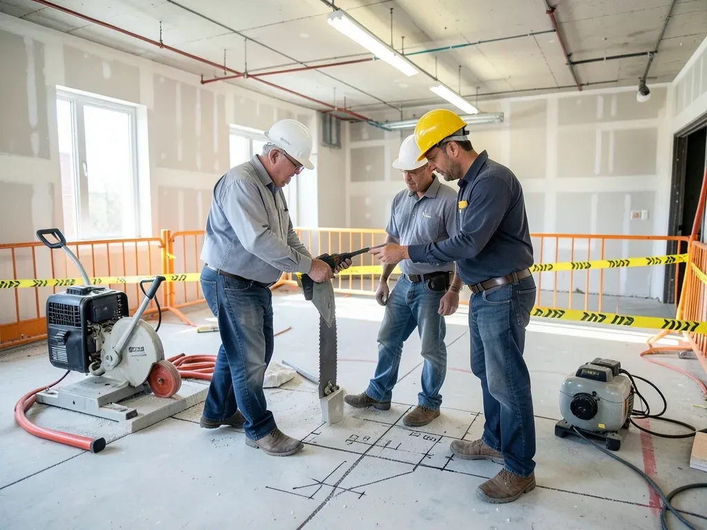 Superintendent and concrete subcontractor reviewing a slab-cutting work zone before renovation begins inside a Houston commercial building