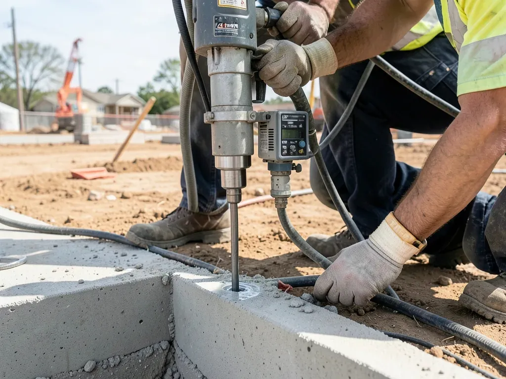 Field crew using integrated water and dust-collection controls while drilling concrete in a clearly isolated renovation work area