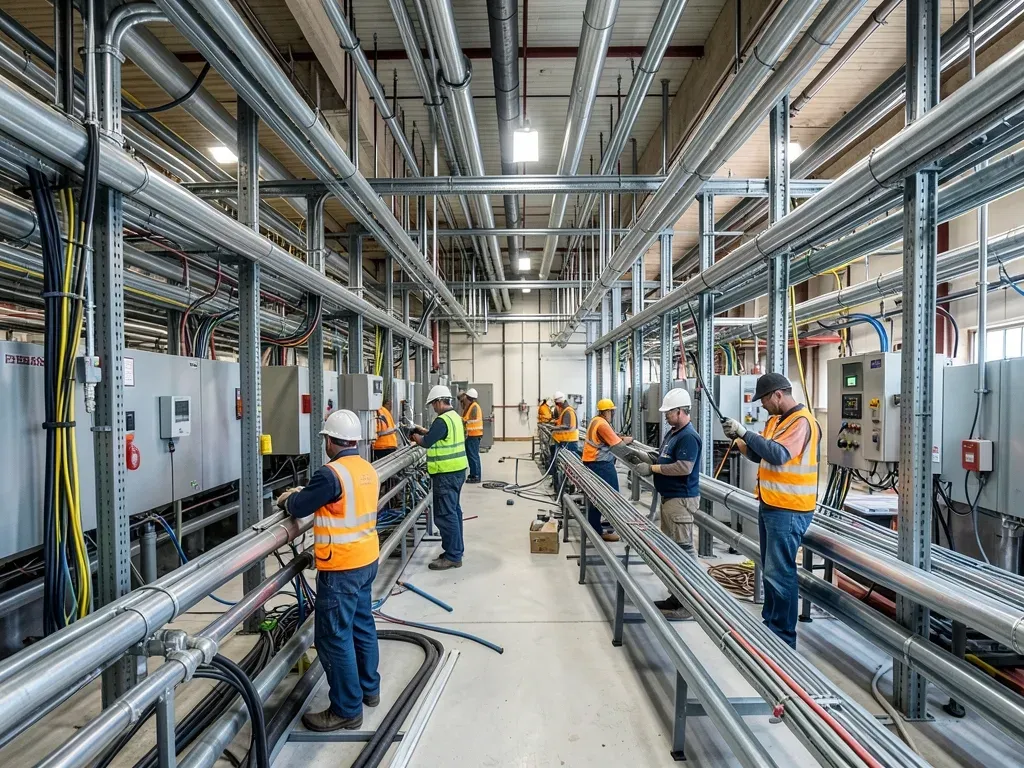 Mechanical, electrical, and controls trade leads coordinating dense utility racks inside a large advanced-manufacturing building under construction
