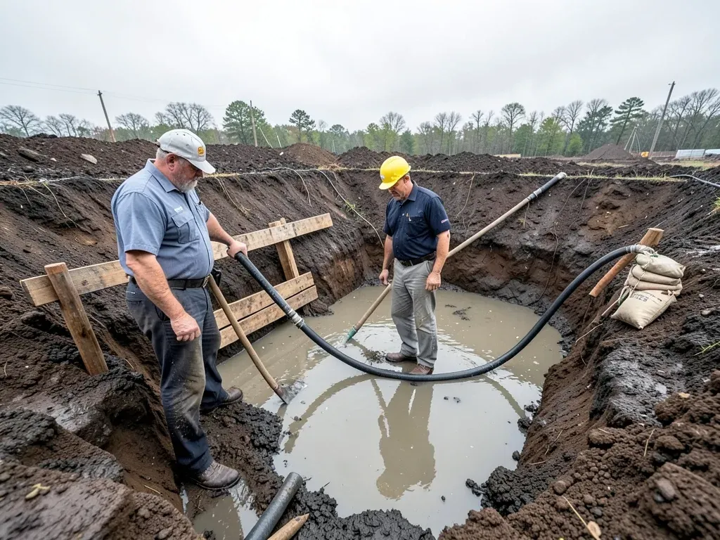 Superintendent and competent person reviewing a trench after rainfall before crews resume underground utility work