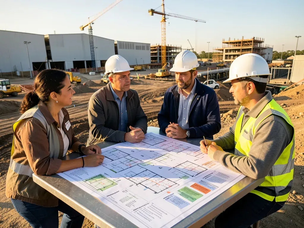 Owner, developer, and construction team comparing phased industrial site plans and procurement milestones beside a North Houston redevelopment site