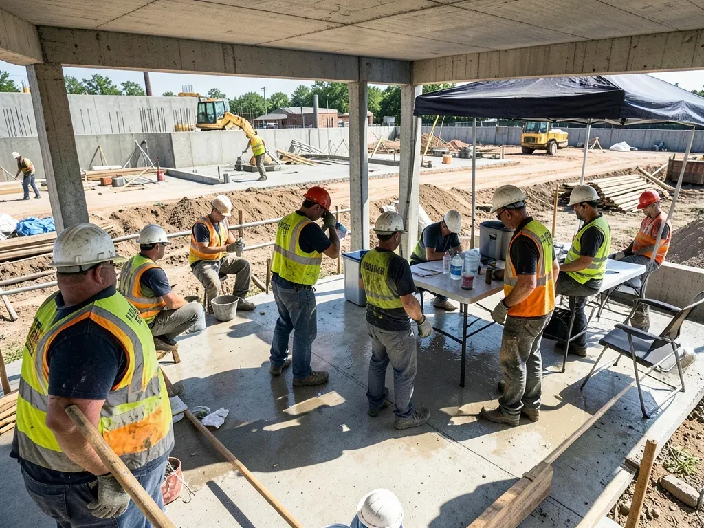 Construction crew rotating through a shaded hydration area beside active concrete and formwork operations during a hot Houston workday