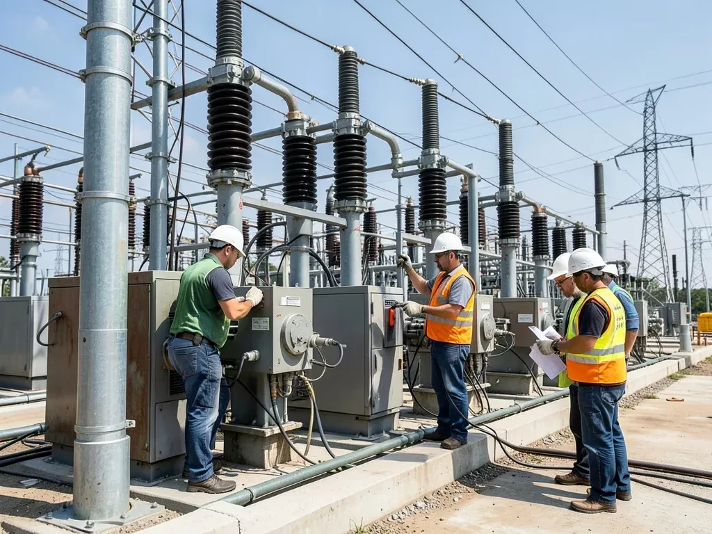 Utility engineers inspecting modern substation equipment in Greater Houston as transmission and distribution upgrades are planned