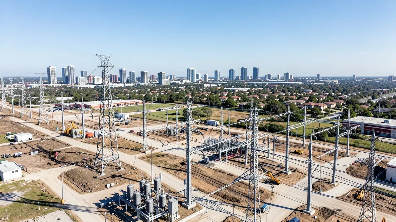 Greater Houston construction and electric-grid infrastructure shown together in a broad development context