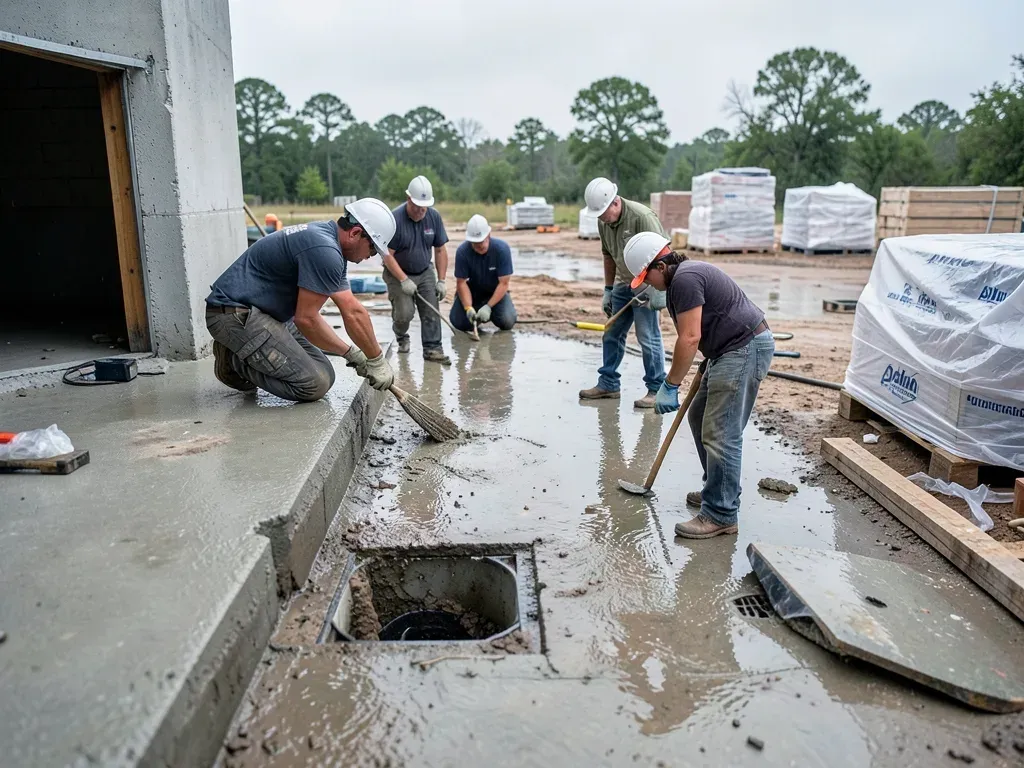 Project team inspecting a rain-affected floor area, temporary openings, and protected stored materials before construction resumes