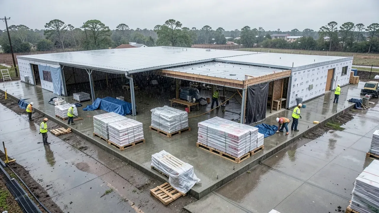 Greater Houston construction site with protected materials, enclosed openings, and organized moisture-control measures