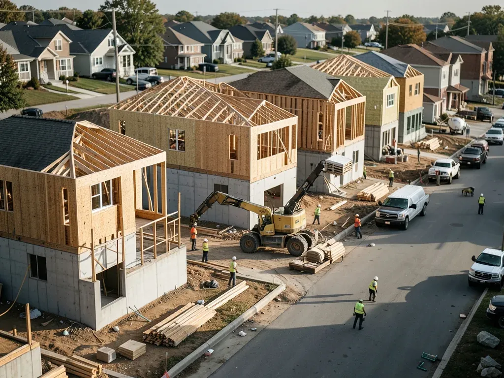 Framed rental homes along a developing street in Richmond with crews working across several construction stages