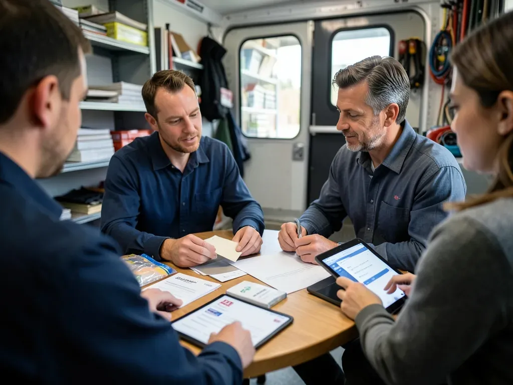 Construction manager and procurement team reviewing physical material samples and a unit-by-unit production board with no readable text