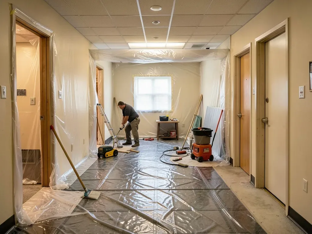 Contained renovation zone with floor protection and sealed openings inside an older Houston-area multifamily unit