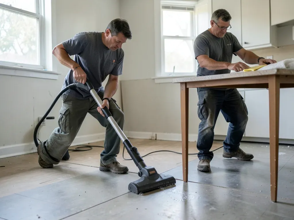 Renovation worker using a HEPA vacuum and wet-cleaning methods during final cleanup of an older residential interior