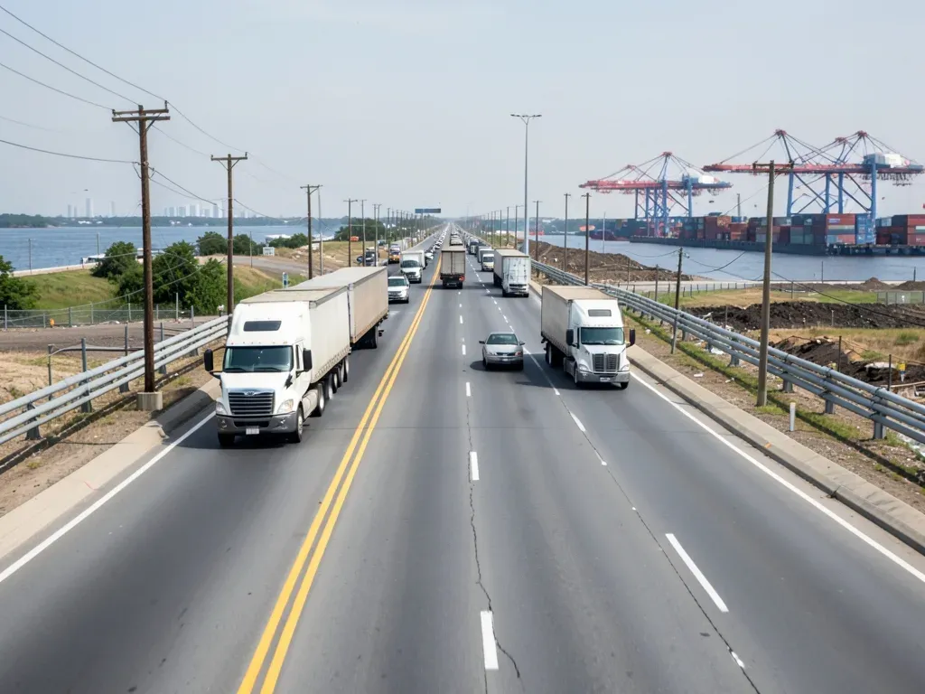 Ground-level industrial access corridor with trucks, turning lanes, utility poles, and port cranes visible in the distance