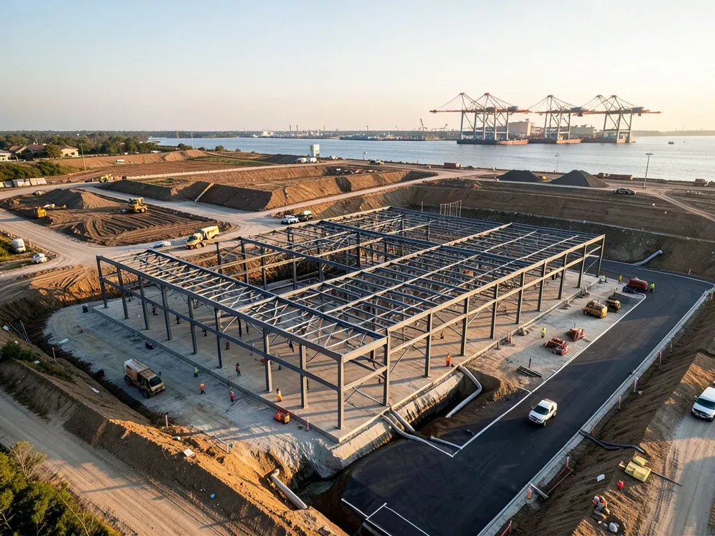 Industrial logistics development site under planning near a Gulf Coast port, with graded land, warehouse framing, and distant container cranes