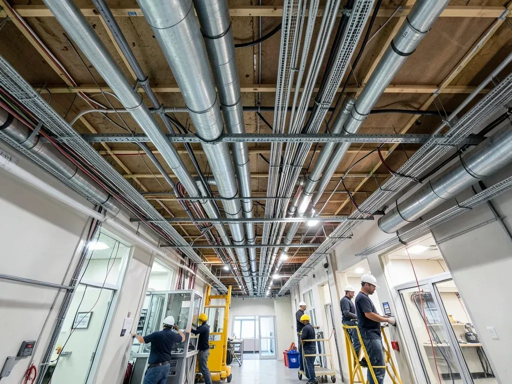 Close operational view of healthcare mechanical and electrical trades coordinating overhead systems in an unfinished clinical corridor
