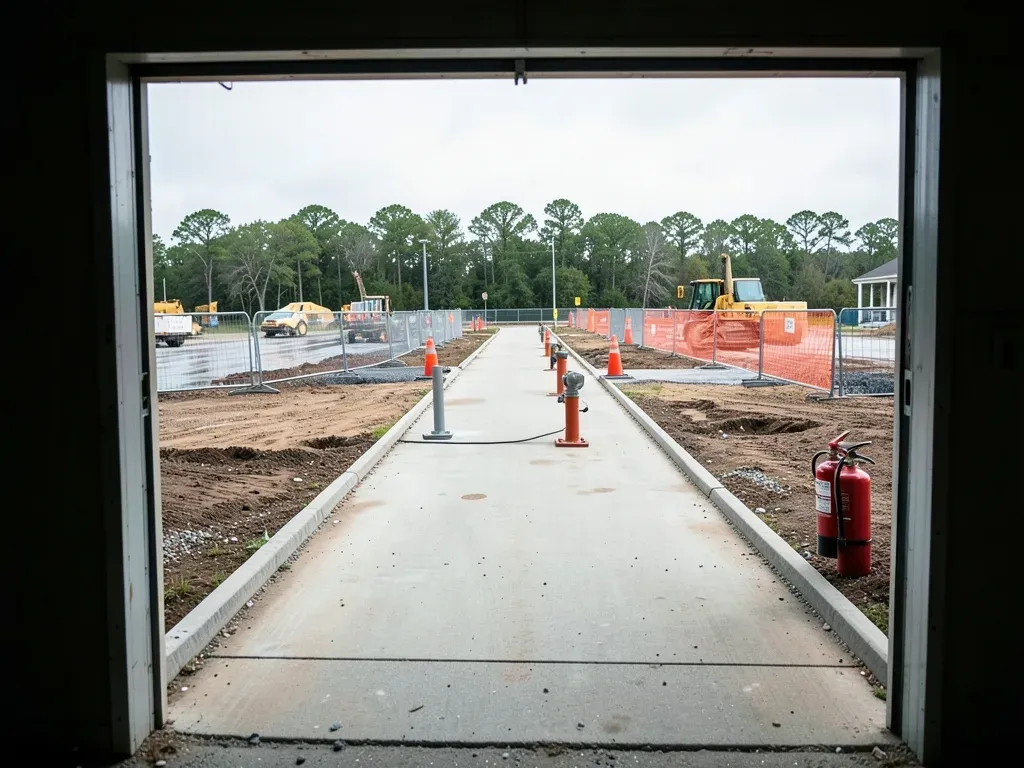 Wide view of a Greater Houston commercial jobsite with clear emergency access lanes, staged materials, and temporary fire-protection equipment
