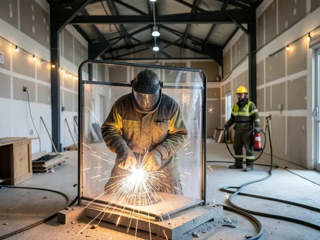 Close operational view of controlled hot work inside an unfinished commercial space with protected surroundings and an active fire watch