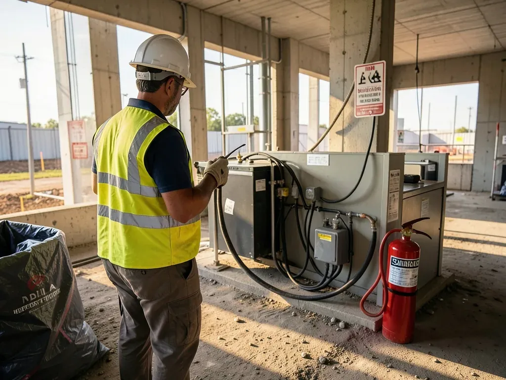 Field-level view of a project superintendent reviewing emergency access and temporary fire-protection conditions during a Greater Houston site walk