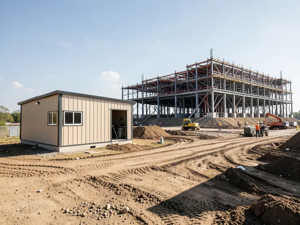 Broad exterior view of a new Conroe-area advanced manufacturing plant taking shape beside an existing pilot-scale industrial facility