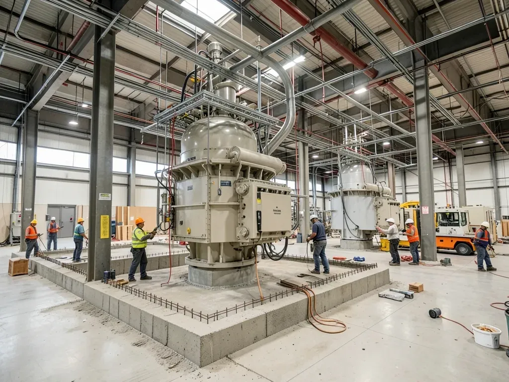 Interior process area with structural steel, equipment foundations, overhead utilities, and installation crews coordinating around large manufacturing machinery