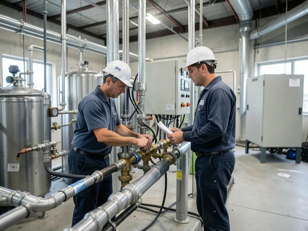 Field-level startup scene inside an advanced manufacturing plant with technicians verifying connected process equipment during commissioning