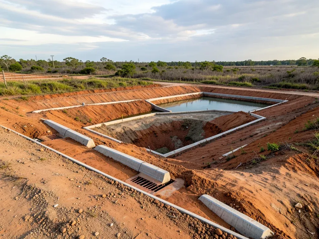 Oblique view of a flat Greater Houston development site showing graded pads, storm inlets, and a planned detention basin