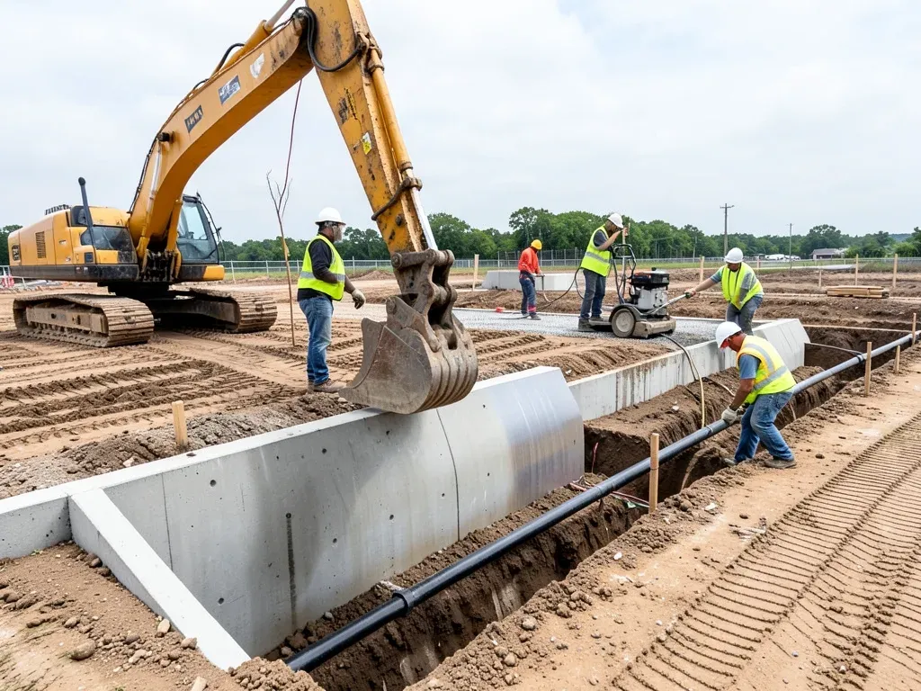 Civil crew installing storm drainage beside utility work on a Greater Houston commercial site with coordinated trench and paving subgrade