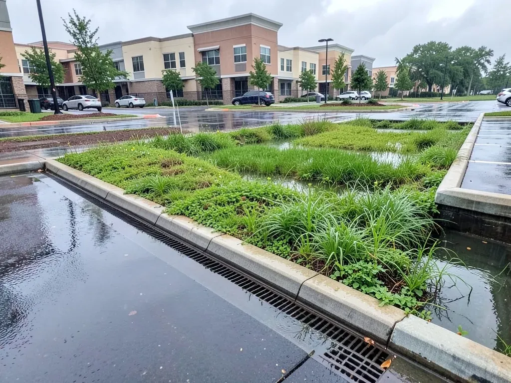 Near-finished Greater Houston commercial site after rain with curb inlets, a vegetated detention basin, and clear drainage away from buildings