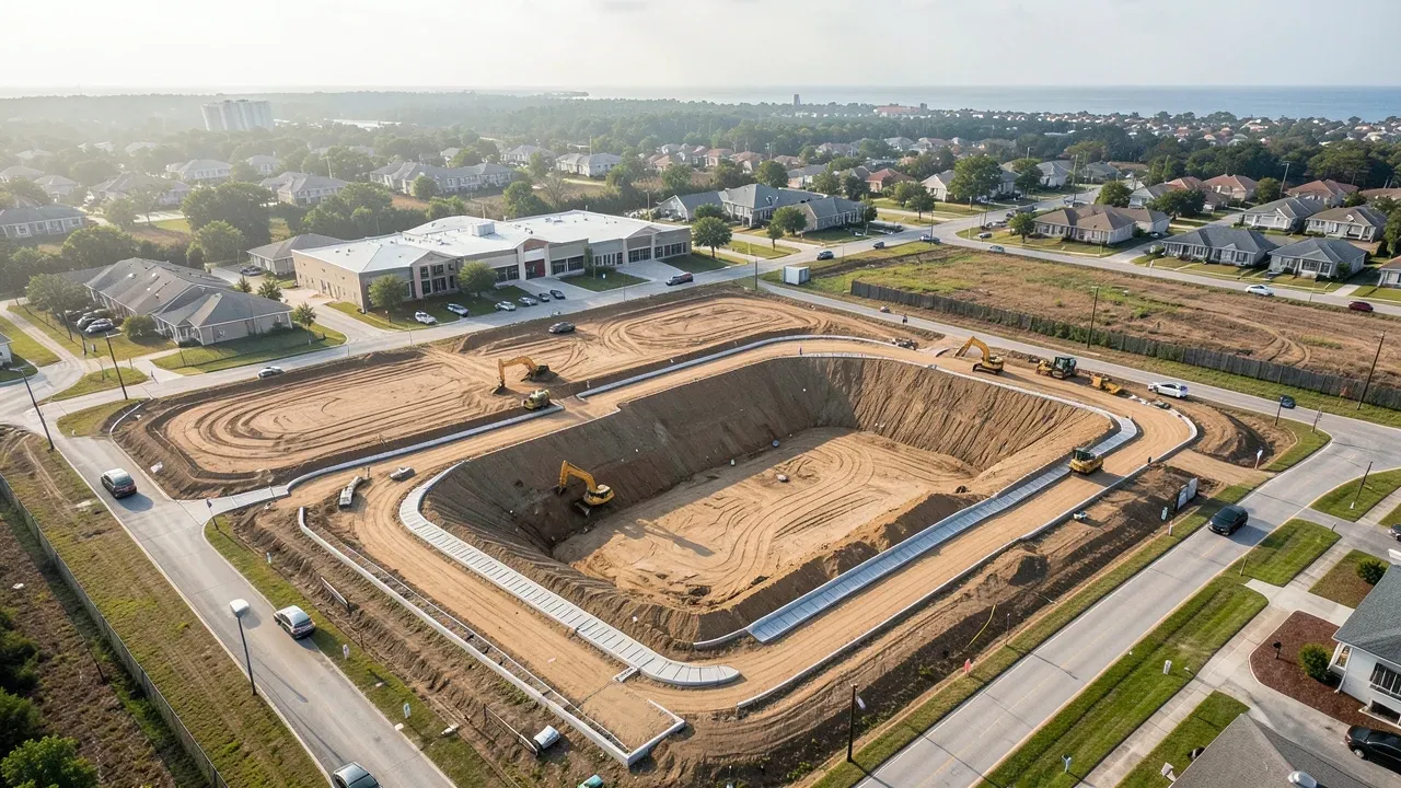 Oblique view of a Greater Houston development site with grading, storm inlets, and a detention basin