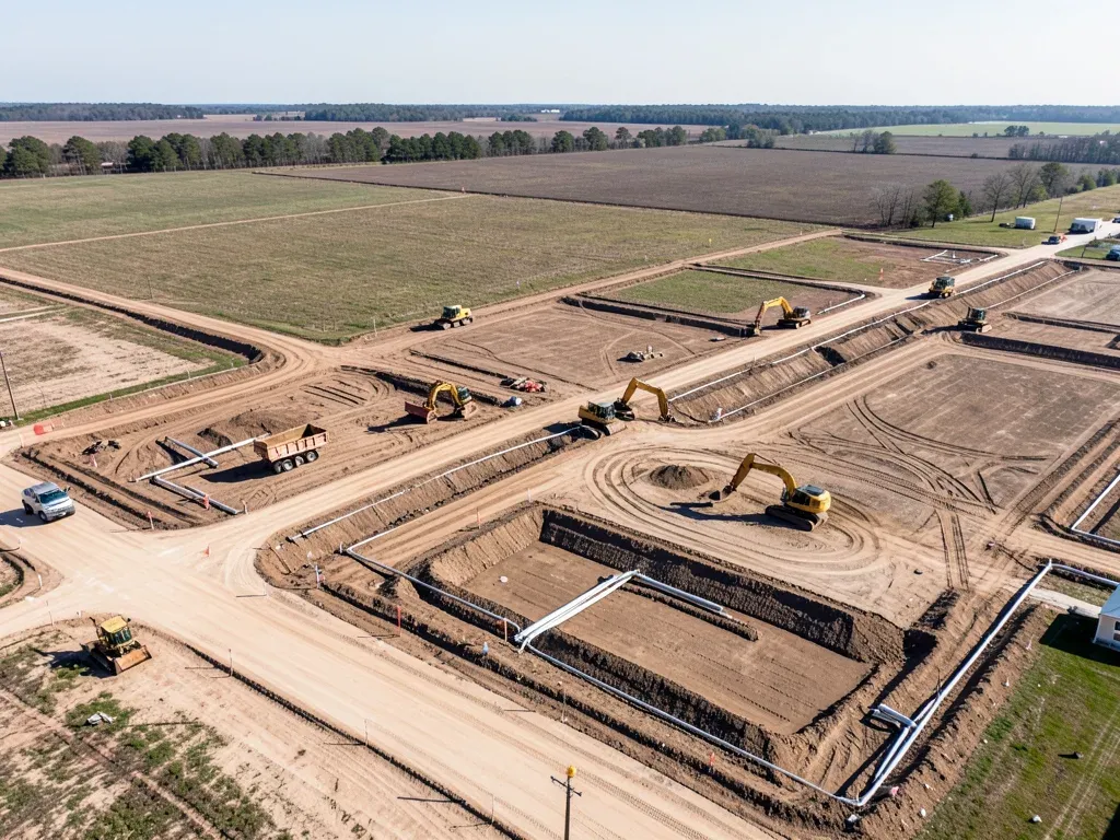 Wide aerial view of the first phase of a large Brazoria County residential development with earthwork, future streets, and utility corridors taking shape