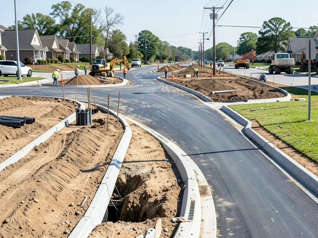 Ground-level construction view of new residential streets, storm drainage, utilities, and concrete paving being coordinated before builder lot turnover in Greater Houston