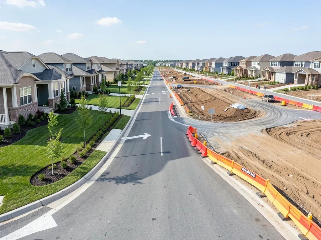 Early occupied neighborhood beside a clearly separated later construction phase with active grading and future streets on the Greater Houston coastal plain