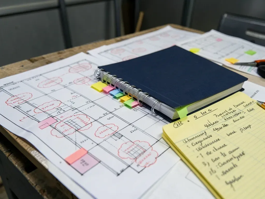 Construction drawings, revision clouds, and a change log arranged on a project table without readable labels