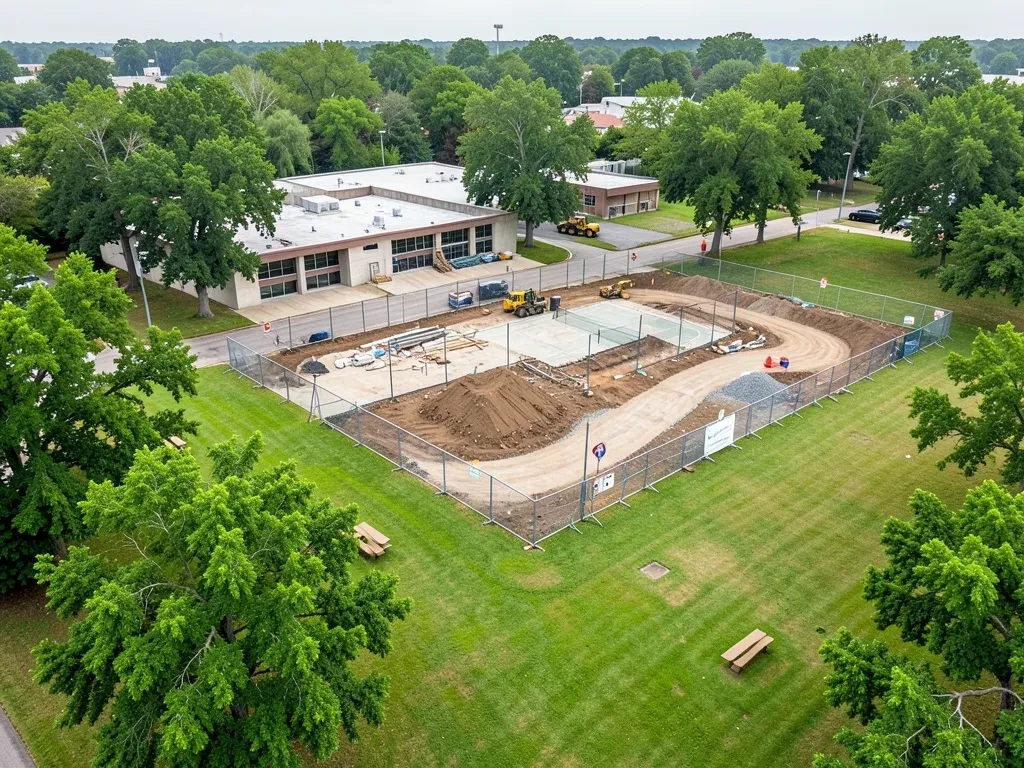 Aerial editorial view of a large Houston park renovation showing separate work zones, existing mature trees, trails, and recreation facilities