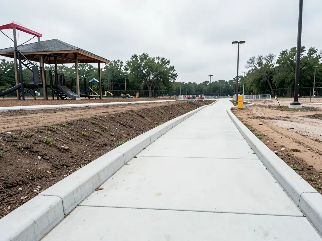 Ground-level view of accessible park paths and curb transitions being built beside an active recreation facility in Houston
