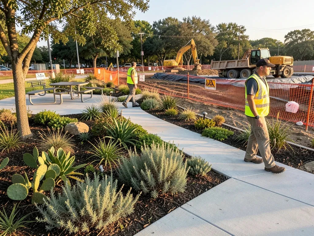 Construction team inspecting the interface between a completed landscaped park zone and an adjacent active work area before phased turnover
