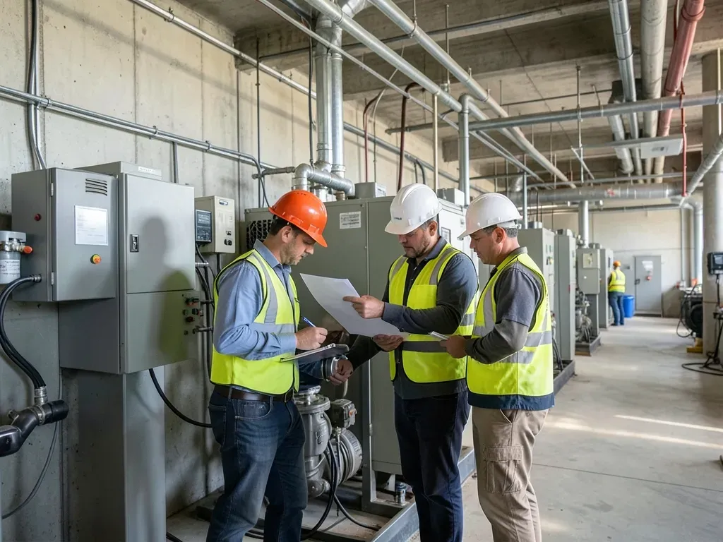 Commissioning team reviewing mechanical equipment and control components in an unfinished building plant room