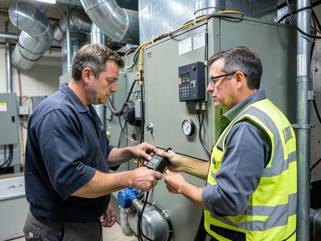 Technician and commissioning professional observing live HVAC system operation while sensors and control responses are tested