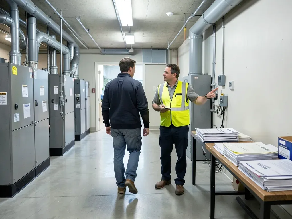 Facility operator walking through a completed mechanical room with organized turnover records during post-construction systems handoff