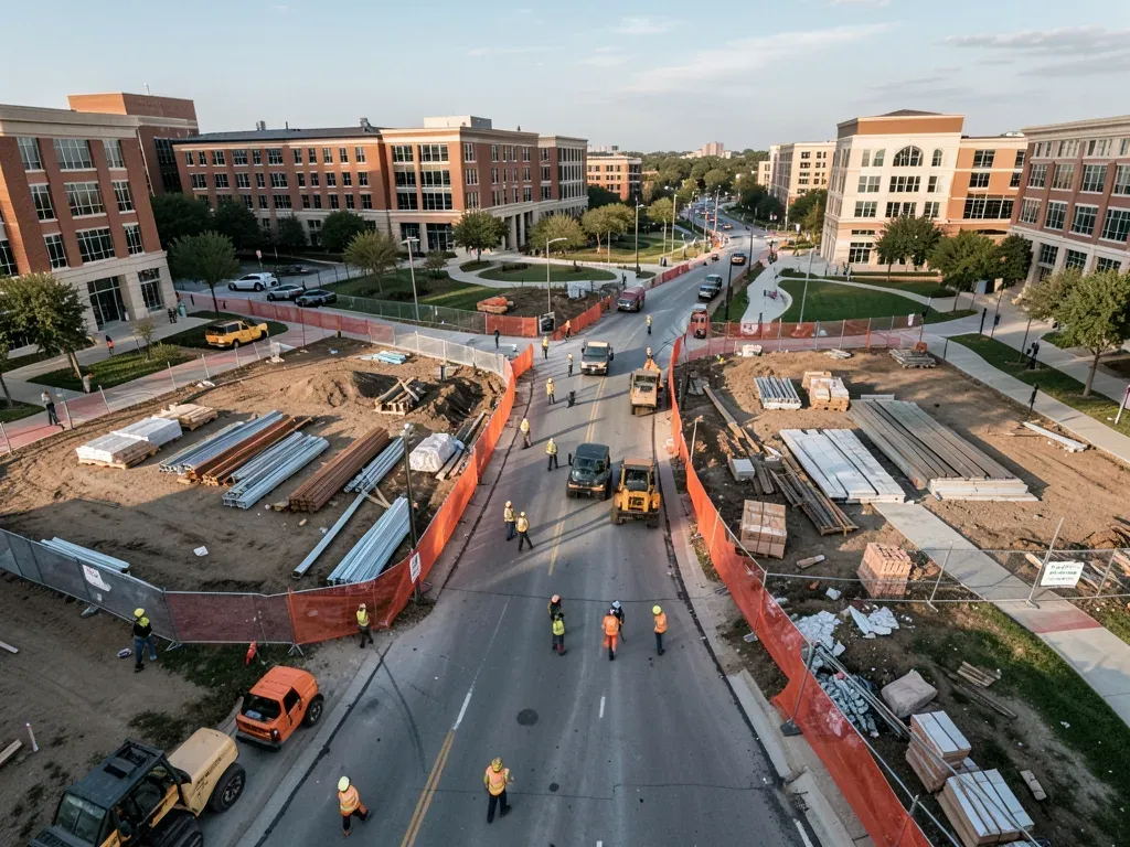Wide elevated view of a Houston university campus where three separate construction zones share roads, utilities, and pedestrian circulation