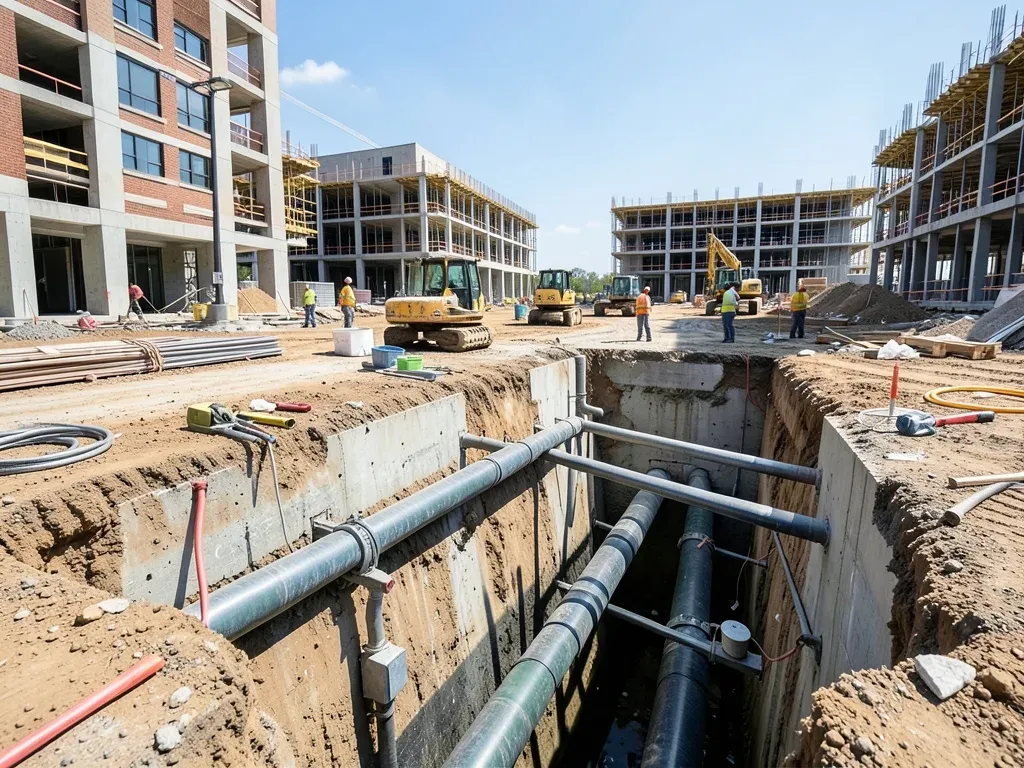 Close editorial view of underground utility work and shared site infrastructure between two university building construction areas
