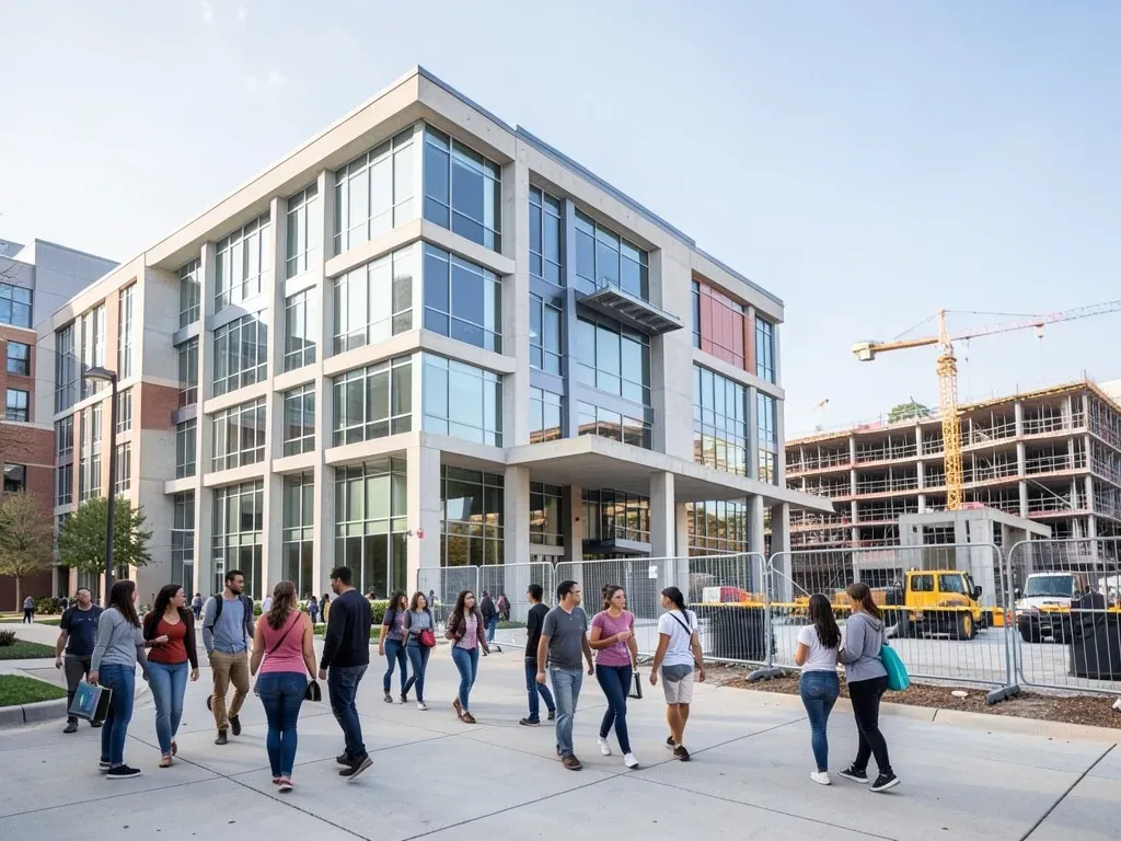 Ground-level campus scene showing a completed academic building opening beside a clearly separated construction phase continuing nearby