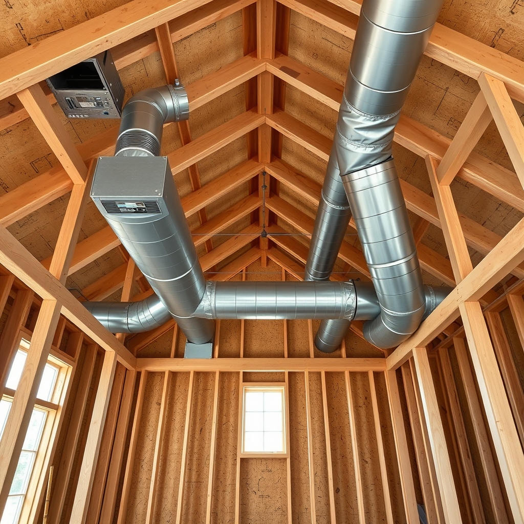 Editorial view of metal HVAC ducts passing through open-web floor trusses in an unfinished new home.